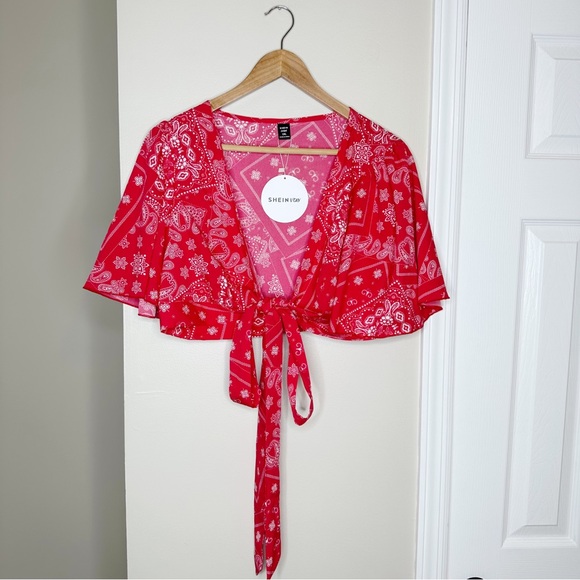 NWT SHEIN Paisley Print Butterfly Sleeve Crop Top & Wrap Hem Skirt - Picture 4 of 12
